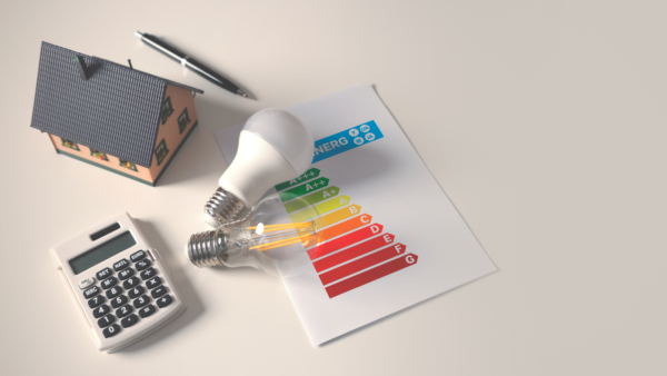 printed energy codes to measure energy efficiency, light bulb, miniature home, calculator, and pen